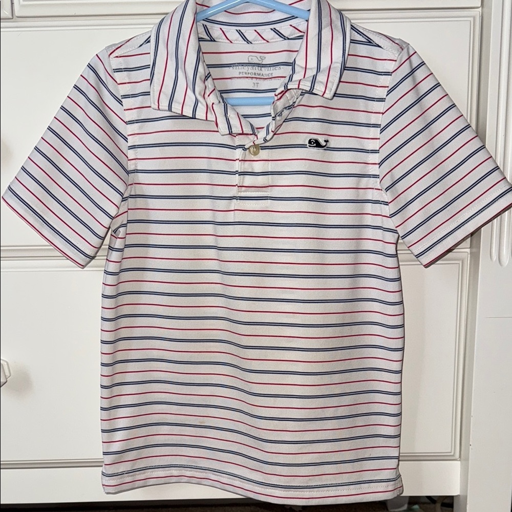 Vineyard Vines Kids Striped Polo Shirt - White, Red, Blue. Performance Fabric 3t